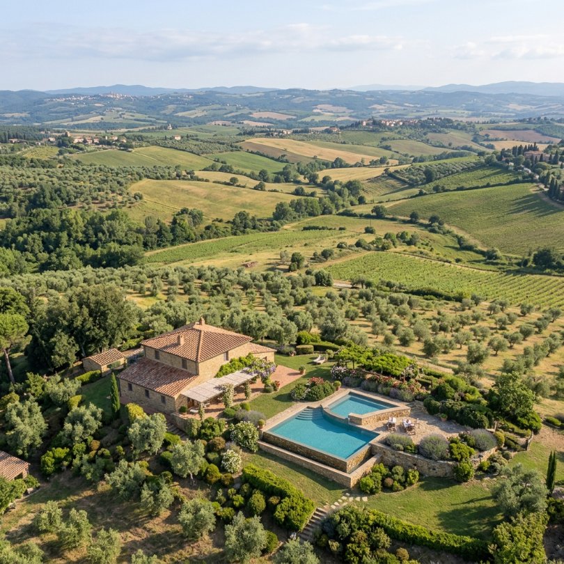 casale toscano in pietra con persiane in legno, porticato rustico, prato verde e alberi secolari