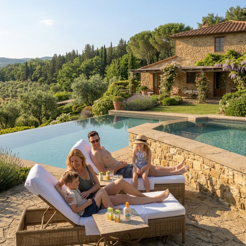 piscina all'aperto dell'agriturismo toscano con due zone di profondità distinguibili, una bassa per bambini e una più profonda per adulti, lettini e prato intorno