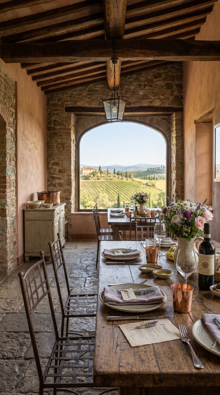 sala interna del ristorante dell'agriturismo, travi in legno a vista, pareti rustiche, tavoli apparecchiati e luce calda