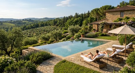 piscina all'aperto con lettini, ombrelloni e persone rilassate in un contesto verde